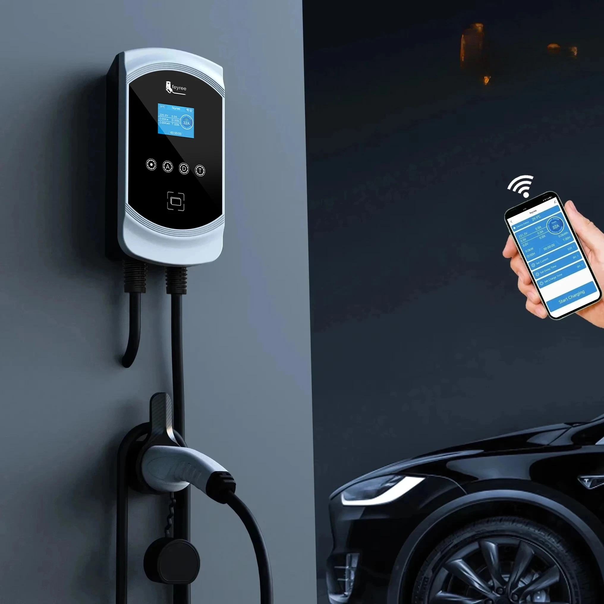 feyree EV Charger 22KW 11KW 3Phase Type2 Cable 32A 7.6KW Electric Vehicle Car Charger IEC62196-2 Socket EVSE Wallbox APP Control