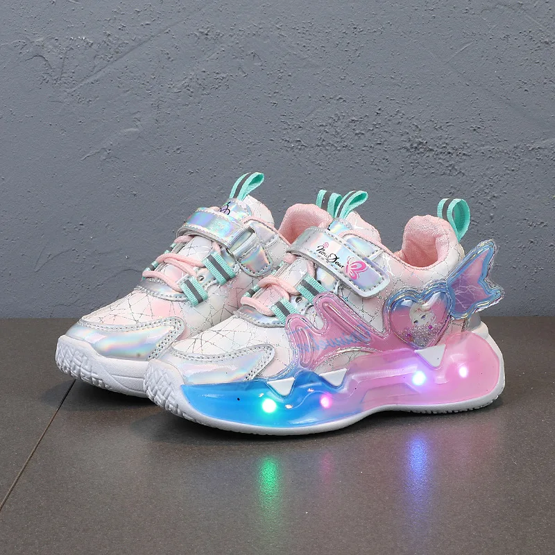 Girls New Fashion Luminous LED Sneakers Toddler Casual Pink Sports Shoe Children Four Seasons Soft Footwear Size 21 to 30