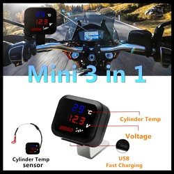KOSO Cylinder Head Temperature Gauge motorcycle Universal Cylinder Temp Volt Phone USB Charging 3 in 1 Mini LCD Digital Meter