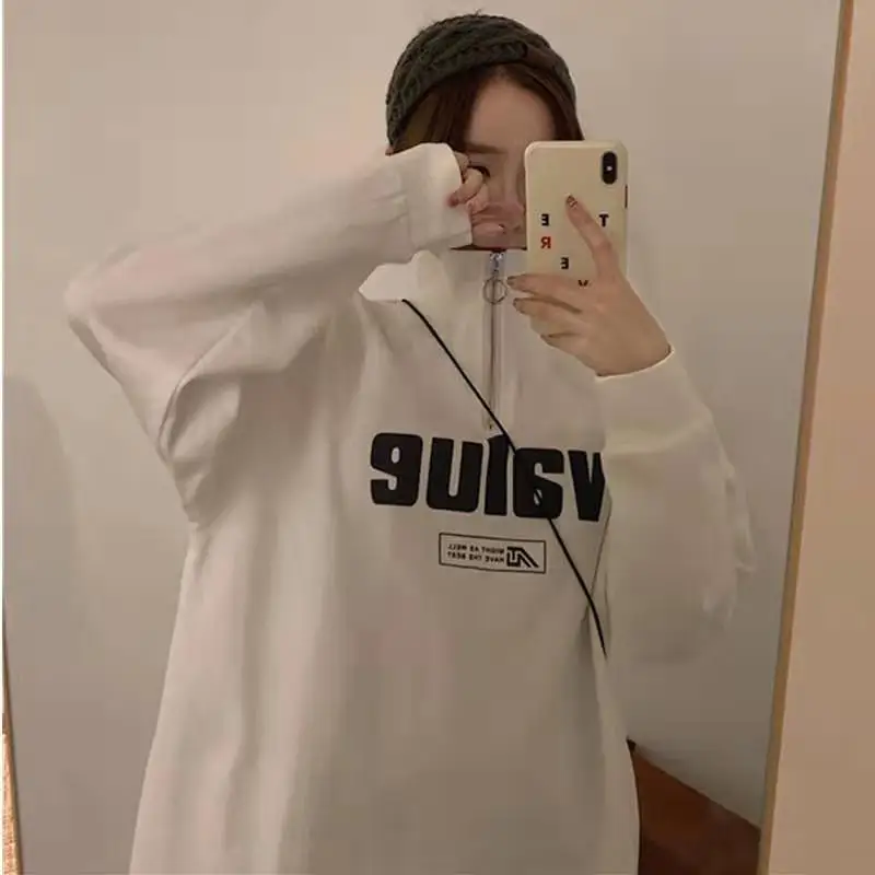 Pullovers V Neck Top Letter Printing Baggy Full Zip Up Women's Sweatshirt Text Graphic with Zipper Loose Orint on Woman Clothing