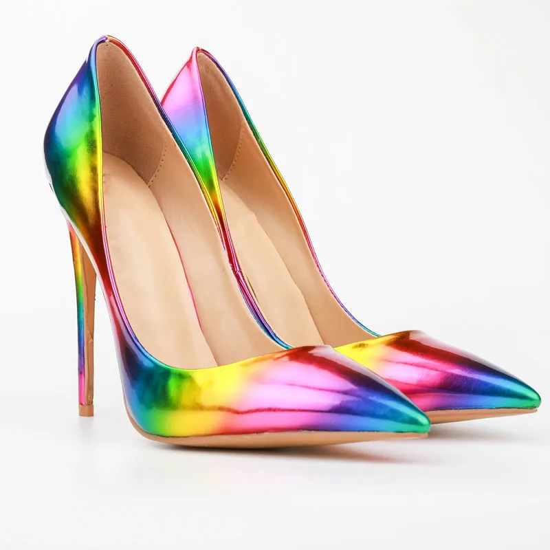 Sexy Gradient Rainbow Pointed Toe Pumps Ladies Slip on Celebrity Colorful  Shiny Leather Stilettos Party High Heels Shoes