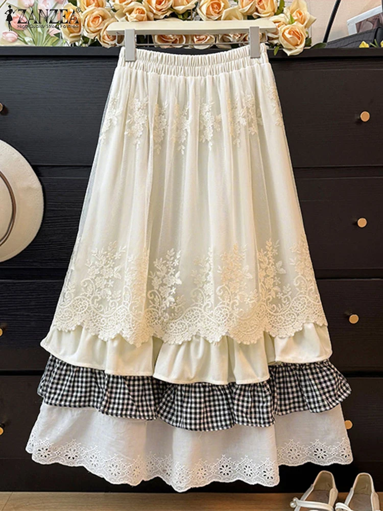 

ZANZEA Women Summer Maxi Long Skirts 2025 High Waist Casual Ruffle Skirt Loose Elastic Waist Lace Plaid Patchwork Holiday Bottom