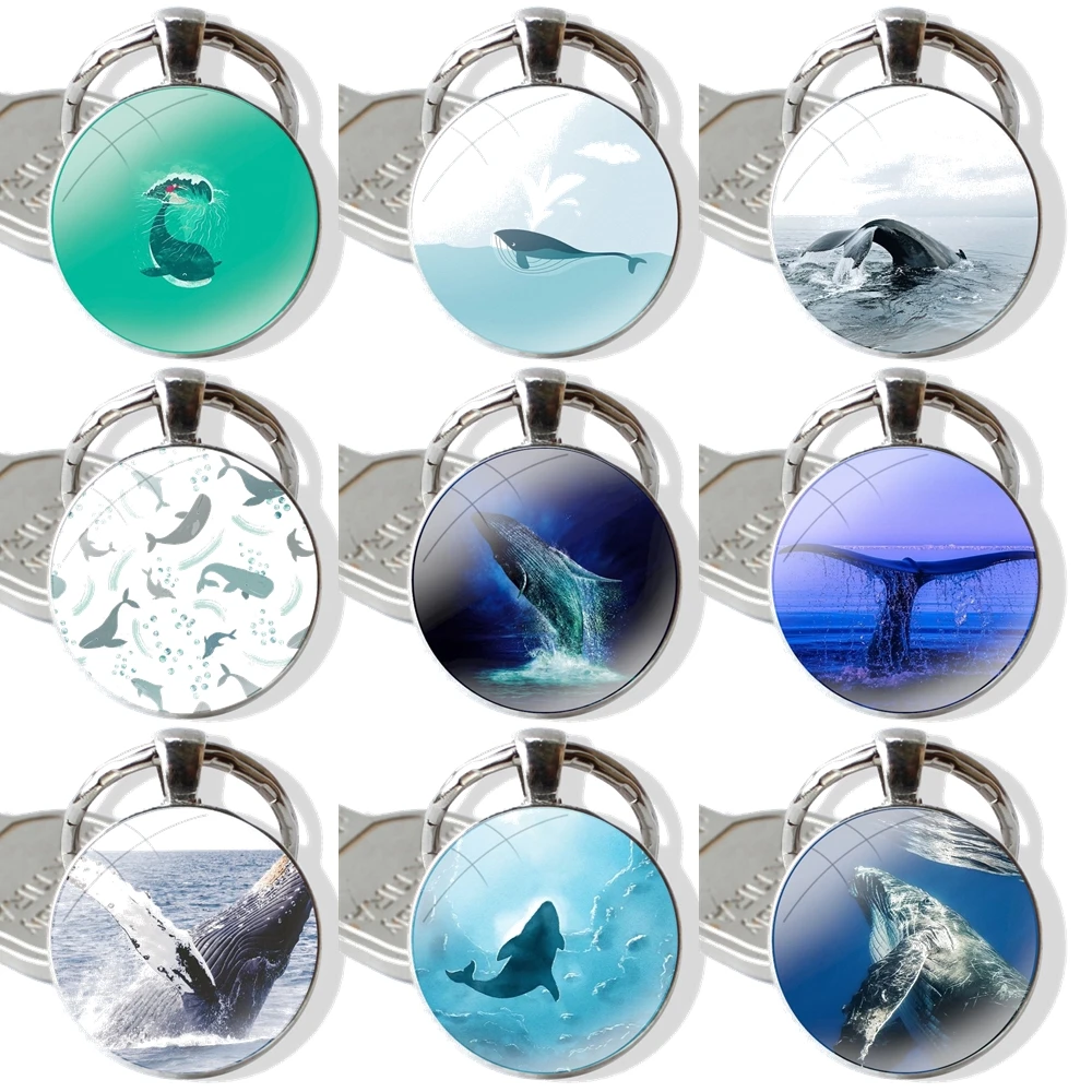 Animal whale Keychain Handmade Glass Cabochon Key Ring Holder Pendant Key Chains