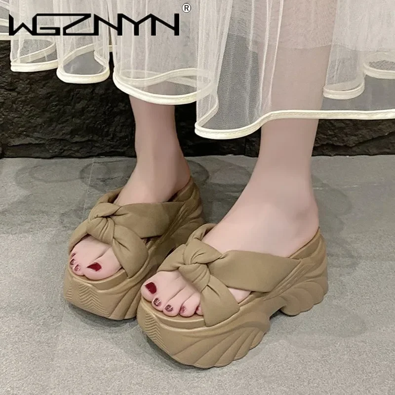 

2025 High Platform Slippers Women Solid Color Thick Sole Leather Sandals Woman Chunky Summer Casual Beach Slides Zapatos Mujer