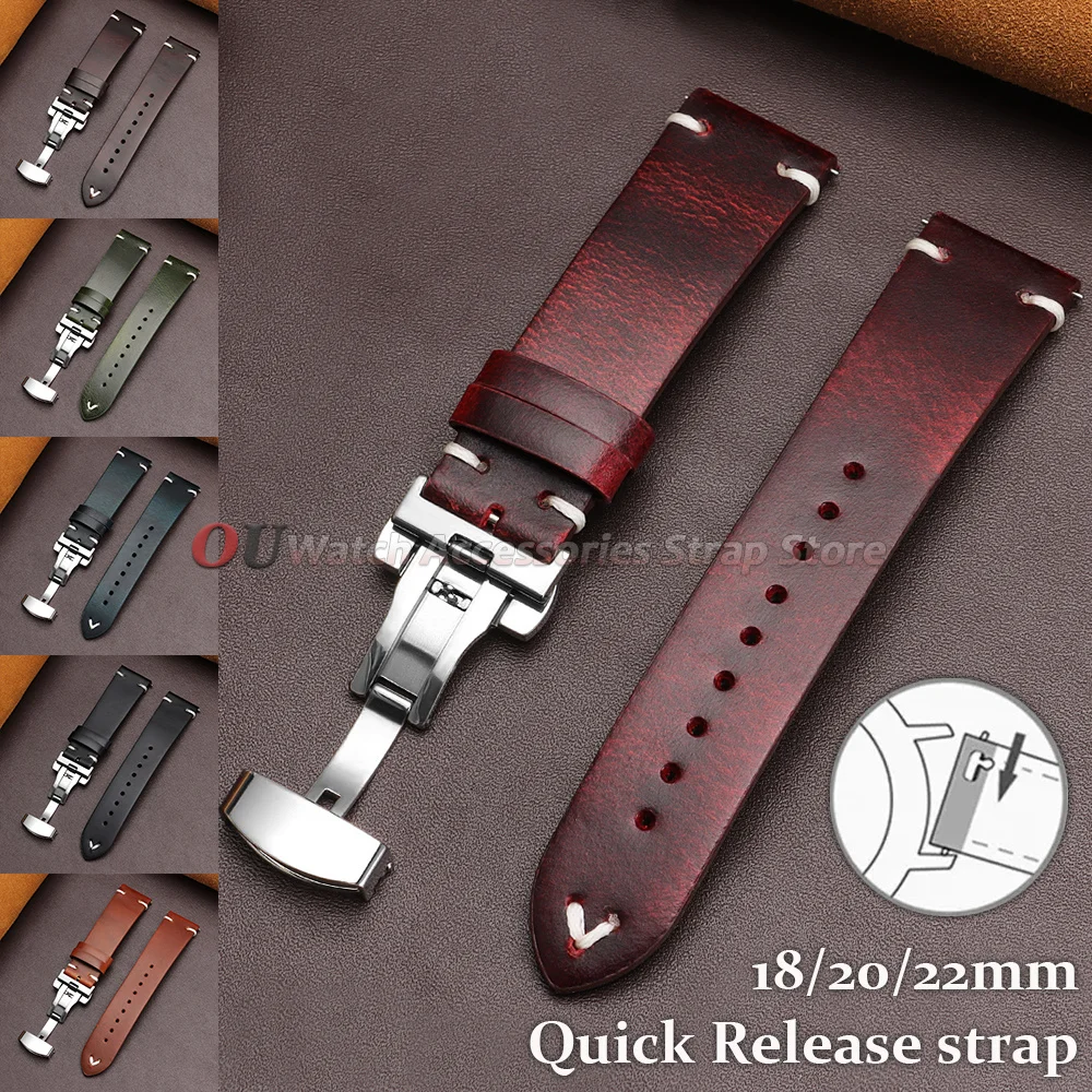 18mm 20mm 22mm Watchband for Seiko Vintage Oil Wax Leather Watchband Stitching Cowhide Strap for Omega Butterfly Buckle Bracelet