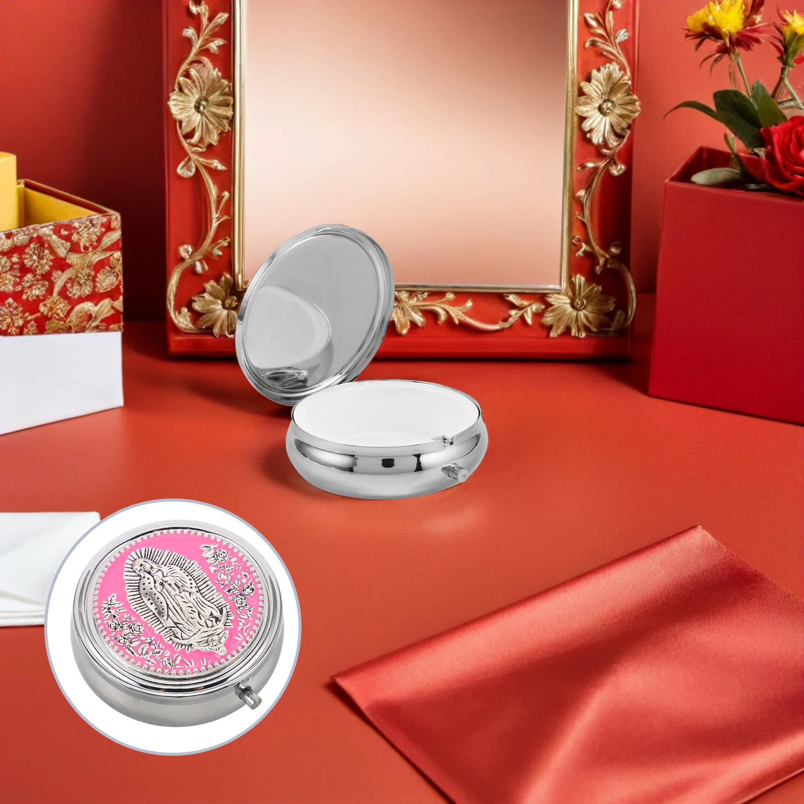 

Catholic Rosary Keepsake Box Metal Trinket Case for Prayer Necklace Christian Eucharistic Accessories Rose Pattern Spiritual