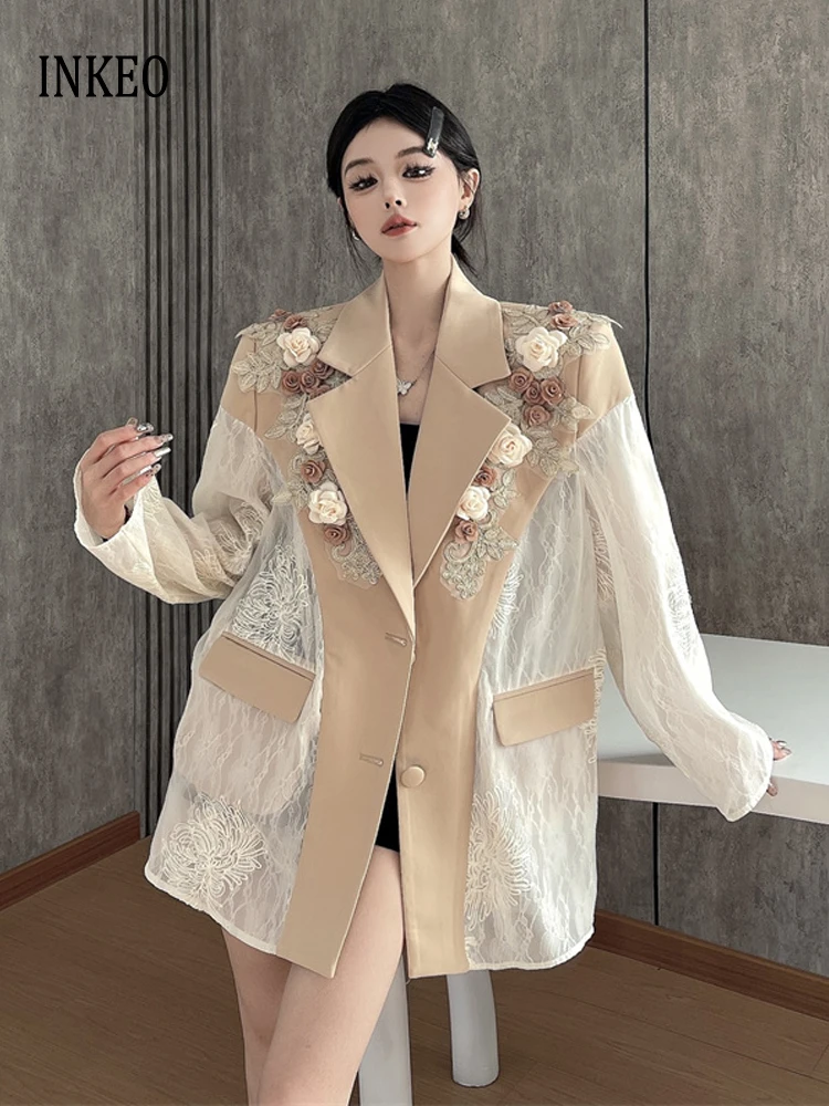 High street Lace patchwork blazer Women's 2025 Summer Luxury 3D floral embroidery jacket Oversize See-through Sexy INKEO 5O052