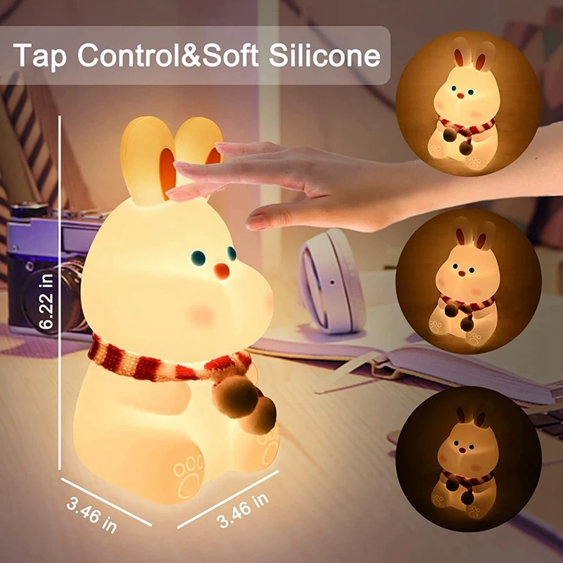 Simpatico coniglietto per bambini, luce notturna, 7 colori che cambiano, lampada Kawaii con controllo del rubinetto, morbido silicone, arredamento per la camera, ricaricabile tramite USB