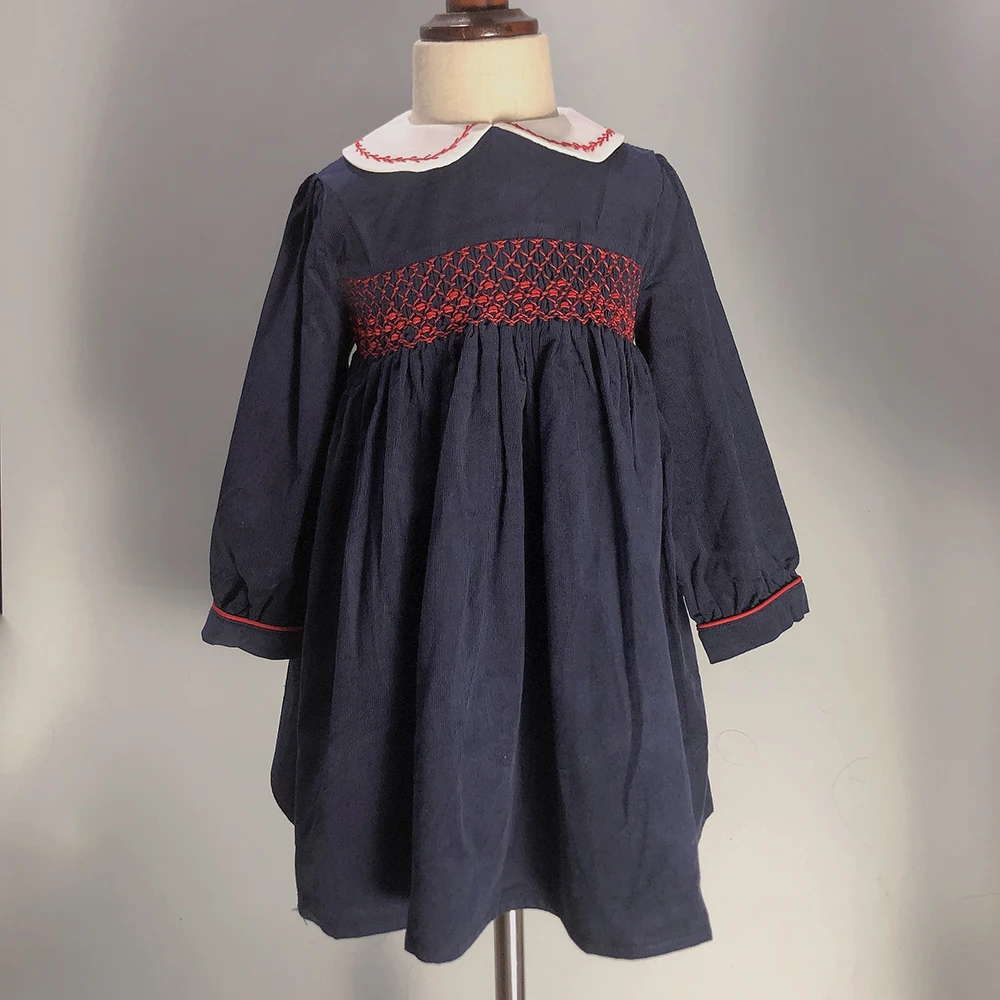 Girls Corduroy Dress Handmade Smocked Long Sleeve Navy Blue Skirt Princess Christmas Children Boutique Eid Clothes For 2Y-6Y