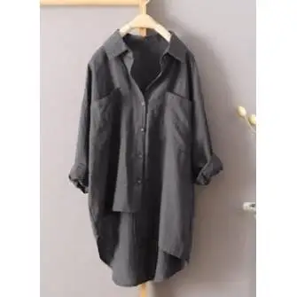 Women's Long irt with Double kets Commute Sle Cotton Formal Wear Resistant to Deformation Pure Color Busin Lady