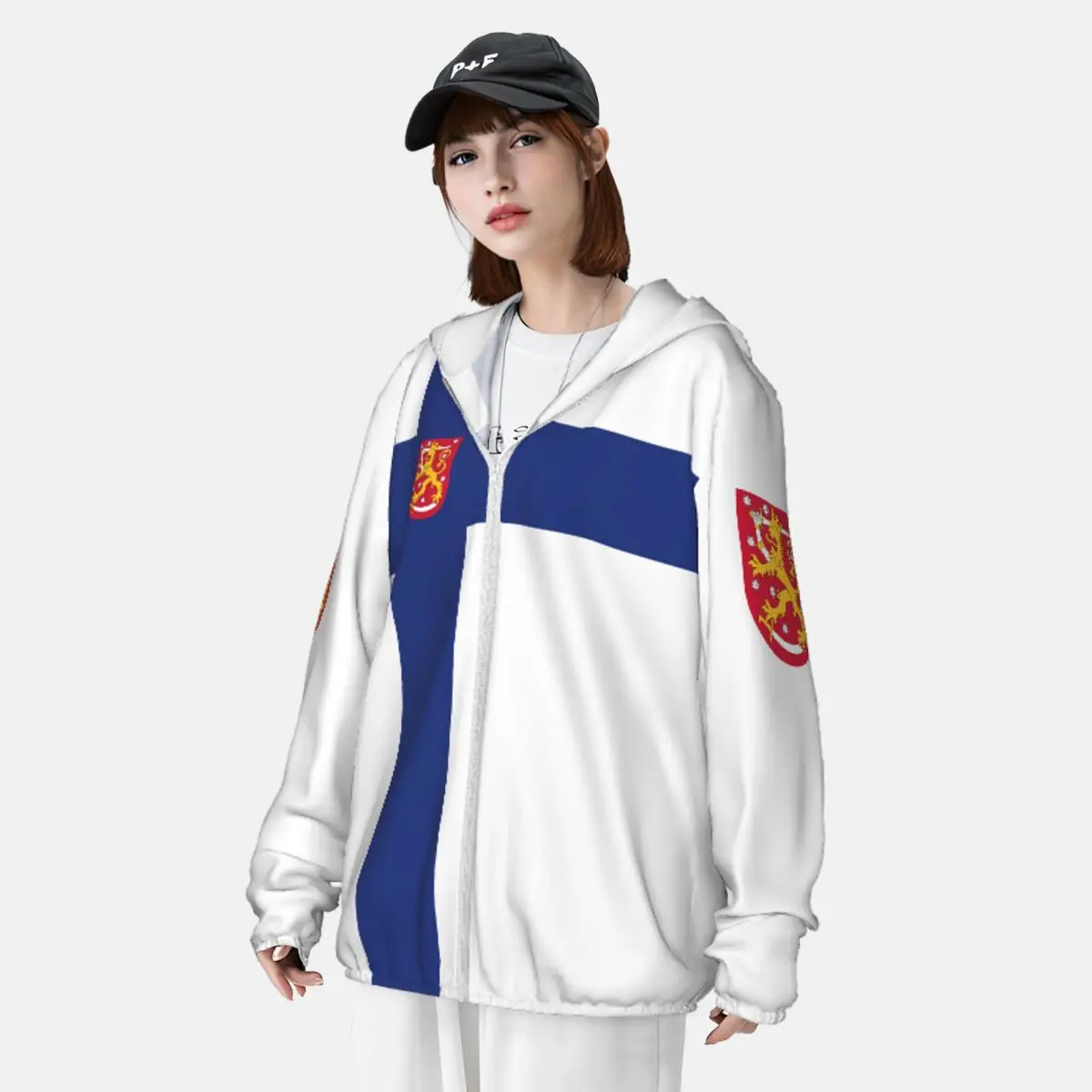 Finland Vlag Polyester Hoodie Zonnebrandcrème Zonbescherming Vissen Hardloopkleding Sneldrogend Prestaties Lange mouw met ritssluiting