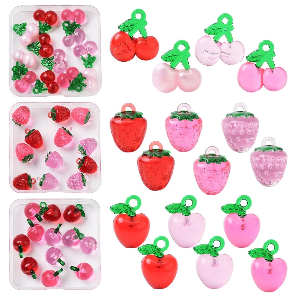 12 Pcs/16 Pcs Transparent Resin & Acrylic 3D Fruit Pendants Apple/Strawberry/Cherry Charms for Women DIY Jewelry Making