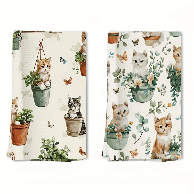 2Pcs, cat, flower pot, butterfly kitchen towel, super absorbent soft cleaning cloth, cooking and baking tea towel, hand towel.