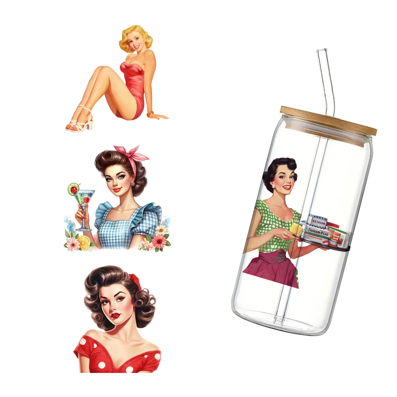 11x11cm Retro Girl Pictorial Cartoon Cup Wrap Sticker 16oz UV DTF Waterproof Sticker for Party Gift Home Decocration