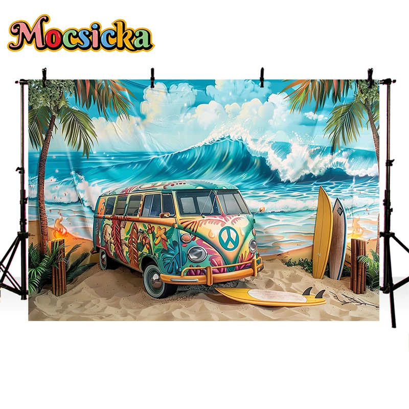 Mocsicka Photography Background Summer Beach Car Ocean Waves Baby Shower Cake Smash Kids Portrait Backdrop Photo Studio