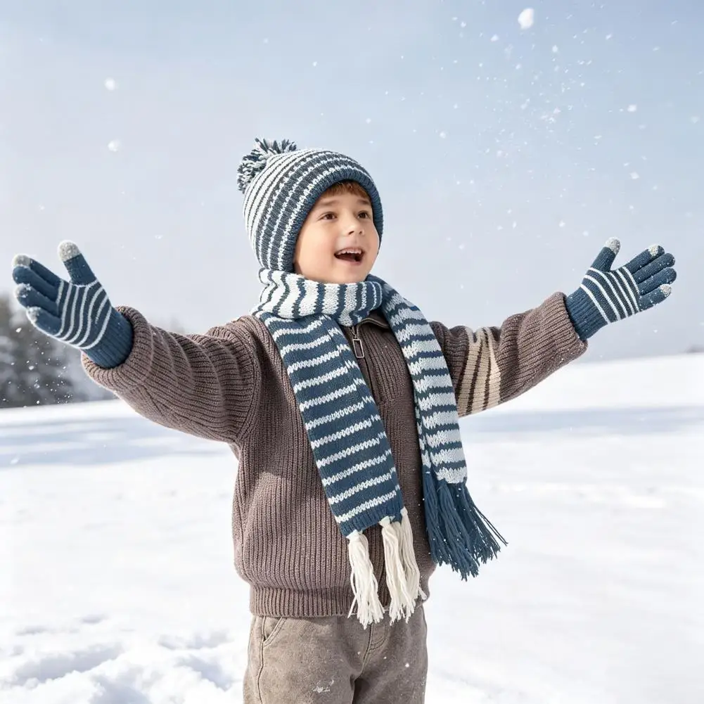 Winter Gift for Little Kids Kids Winter Hat Scarf Gloves Set Fleece Lined Striped Knit Pom Pom Cozy Toddler Accessories for Boys
