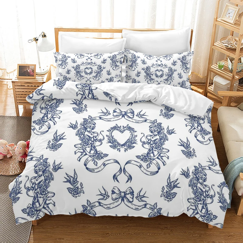 White Flower Digital Printed Duvet Set - Polyester - Bedroom Decoration -1 Bed cover +2 pillowcase (no pillow core)