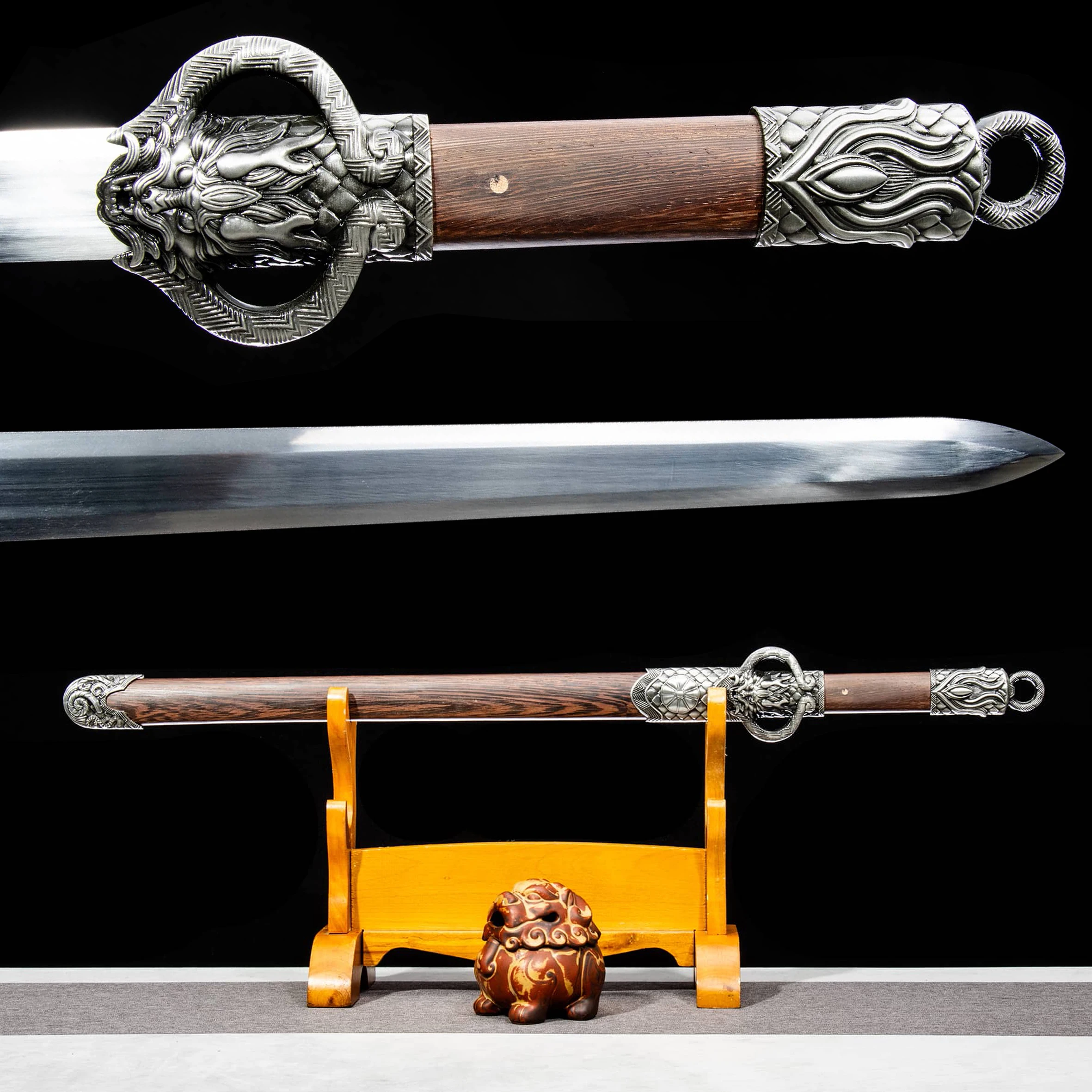 

88cm Medieval katana Legend Silver Dragon Hero Sword full tang Battle Preparation Sharp Weapon Viking Knight