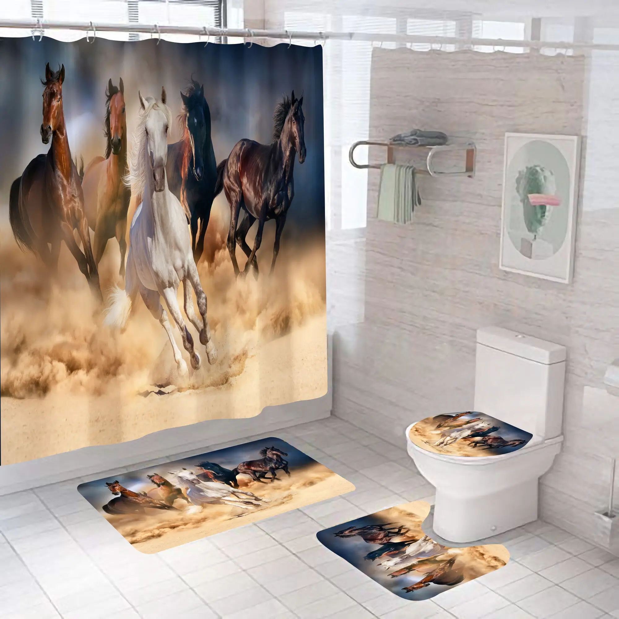 Horse Running Shower Curtains Bathroom Decor Aniaml Printed Waterproof Polyester Fabric Home Bath Bathtub Curtain Set With Hooks