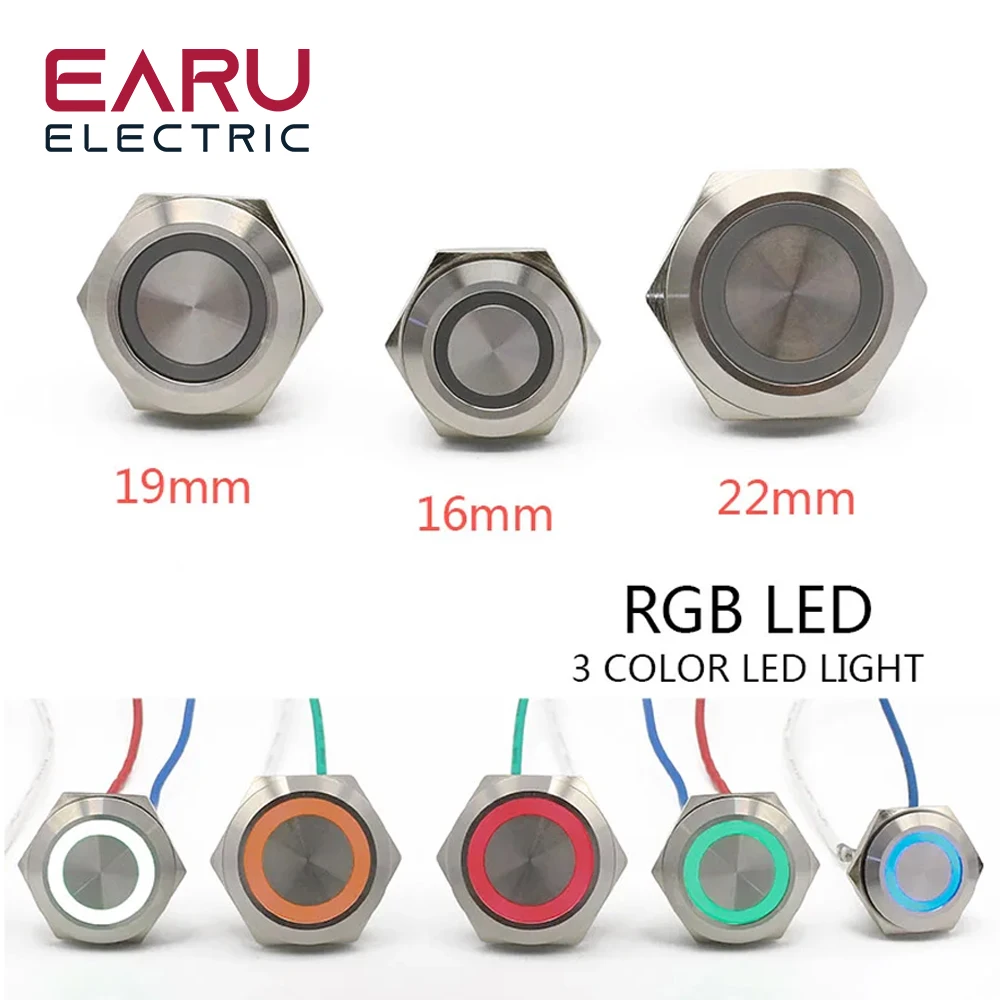 16/19/22mm 3 potrójny kolor RGB LED Light Mirco przełącznik krótki skok chwilowy samoresetujący wodoodporny metalowy przełącznik wciskany zasilanie