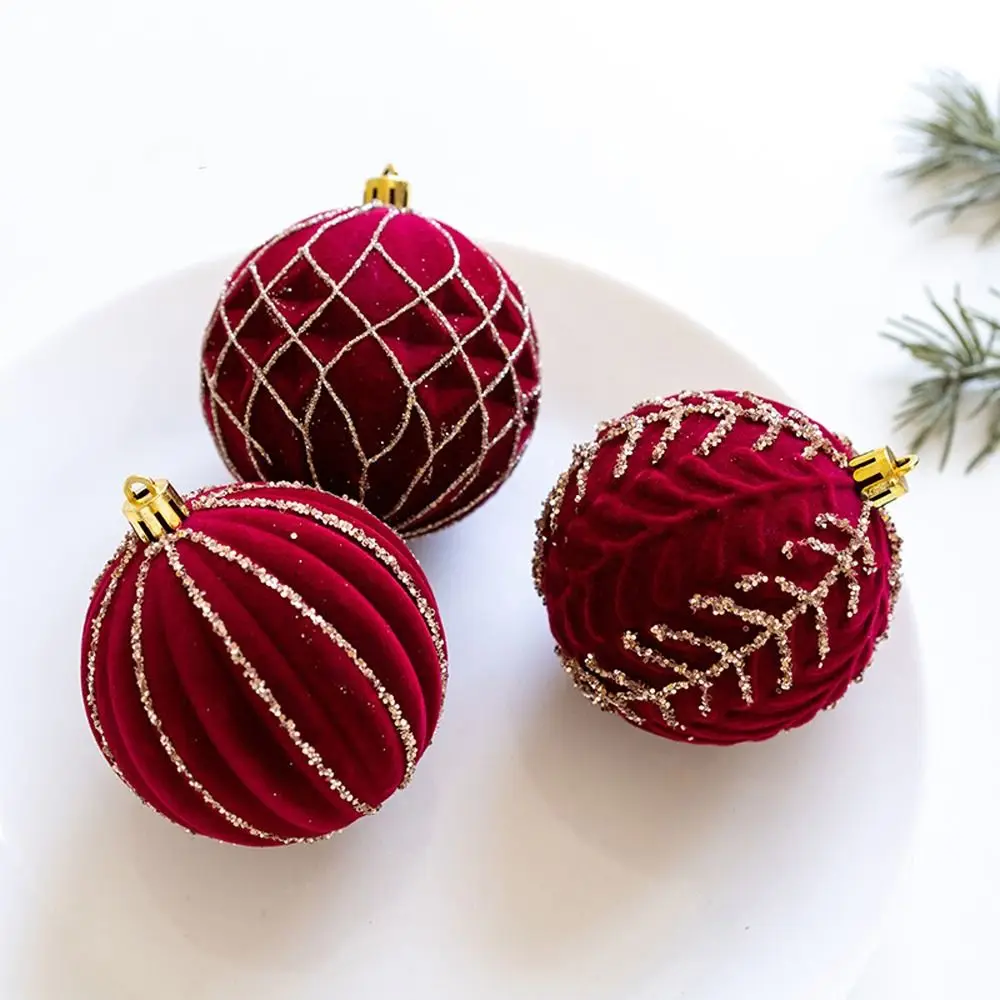 3pcs 8cm Velvet Christmas Balls Set Wine Red Flocking Christmas Balls Pendant Elegant Plastic Christmas Tree Ornaments