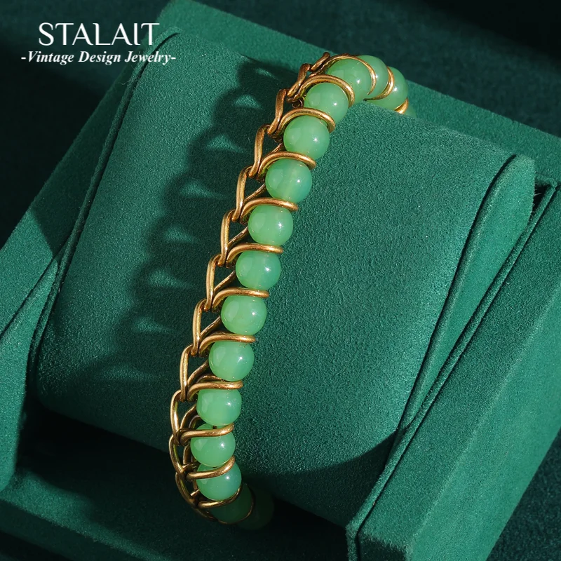 

Vintage Jewelry Gold Color Chain Green Beaded Bracelets For Woman Designer Charms Luxury Accessories Antique Valentine Day Gift