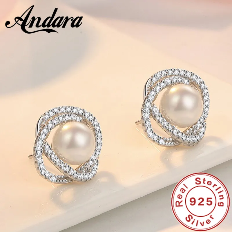 Andara 925 Sterling Silver Camellia Pearl Stud Earrings for Women Elegant Wedding Engagement Party Fashion Jewelry Accessory