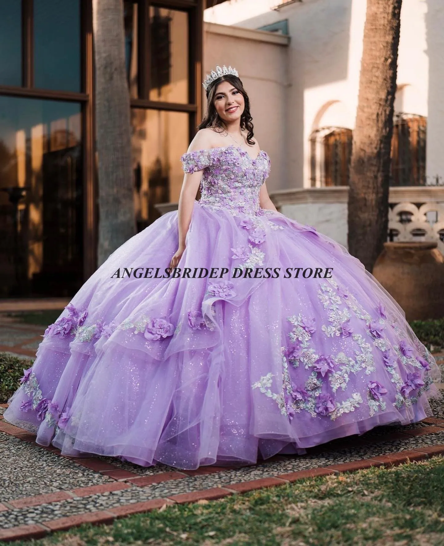 ANGELSBRIDEP-Vestido de tule feminino, vestido lilás quinceanera, vestido de festa mexicano, floral inchado, tule de glitter, 16 anos, 16 anos, 2024 anos