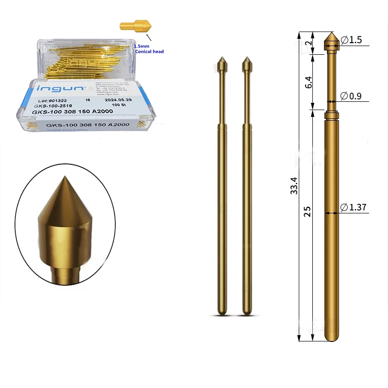 

100PCS INGUN Probe GKS100 308 150 A2000 Conical Head Outer Diameter 1.36mm Spring Test Pin For ICT Testing