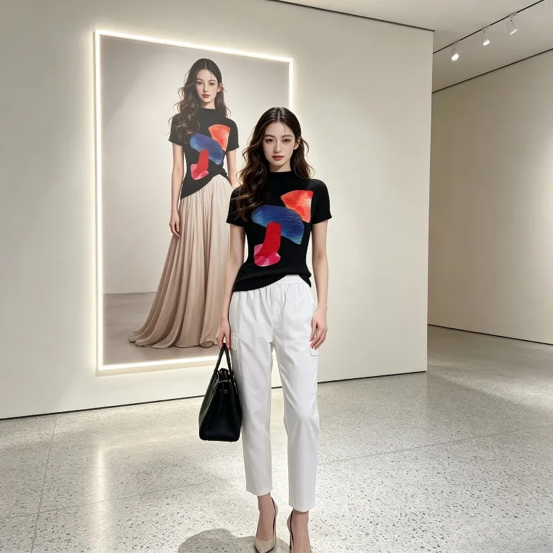 Miyake Pleated 2026 New Women's Clothing Wholesale Design Sense Small Shirt Corn Grain Print Slim Fit Base Short Sleeve T-Shirt