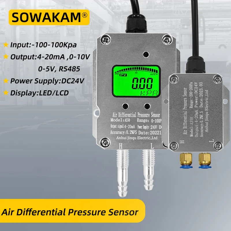 0-100Kpa Air Different Pressure Transducer 4-20mA RS485 Micro Difference Pressure Wind Differential Sensor LED LCD Display