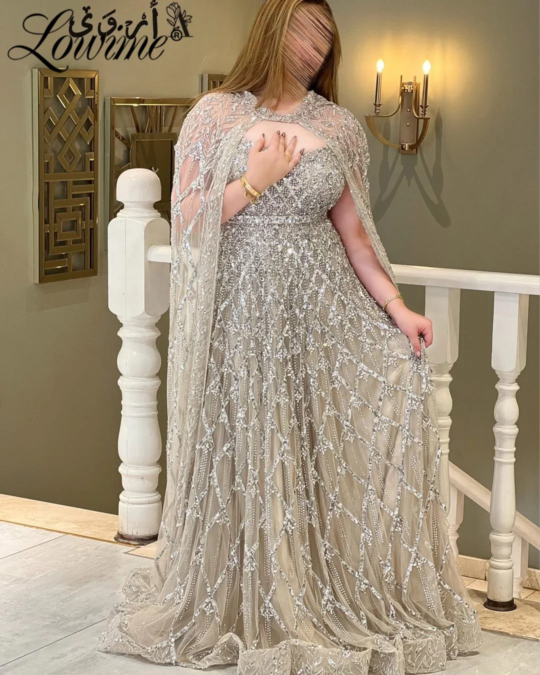 

2026 Customized Elegant Cape-Sleeves Crystal Beaded Evening Dresses A-line Formal Occasion Silver Long Prom Party Dress Gowns