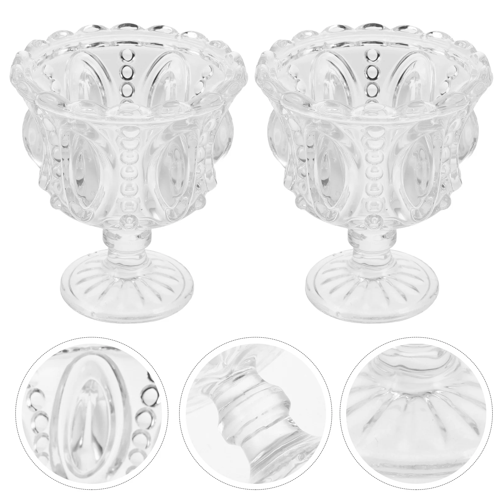 

2Pcs Transparent Glass Dessert Bowls Embossed Pedestal Design for Parfait Sundae Trifle Pudding Ice Cream Cup Fruit Bowl Serving