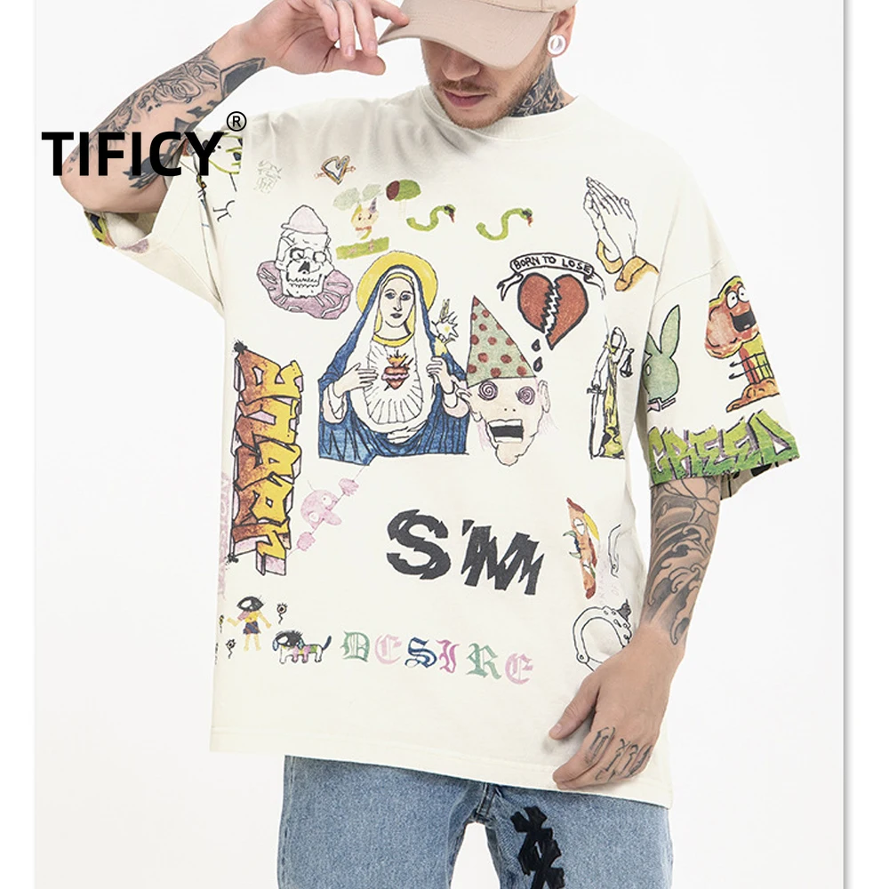 

Men's Spring/Summer New Hip Hop Same Style Hand Drawn Graffiti High Street Round Neck Vintage Short Sleeve T-shirt Tops