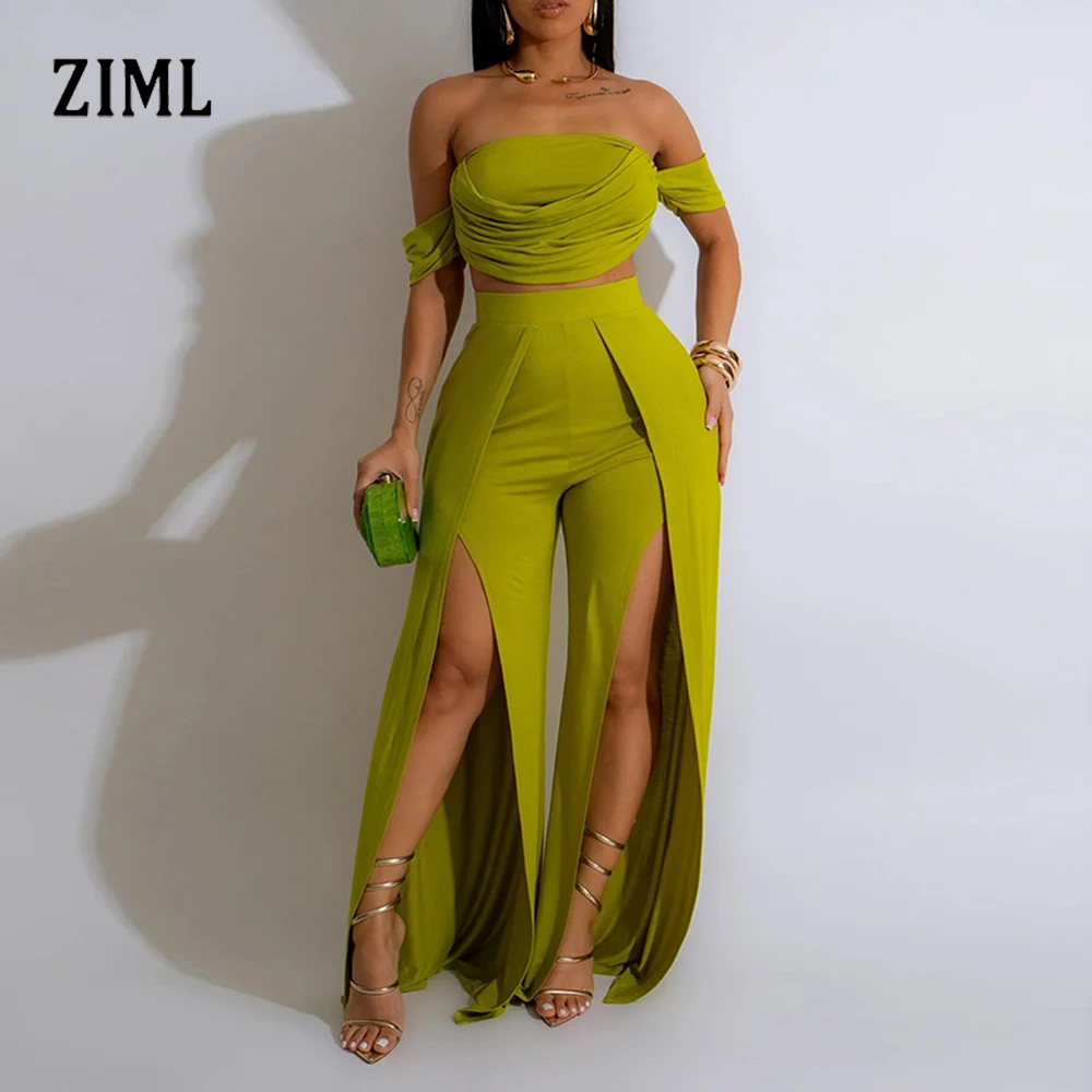 

ZIML повседневные утягивающие однотонные комплекты из двух предметов для женщин, топ с открытыми плечами и рукавами, брюки с высокой талией, шикарный комплект, женский новый