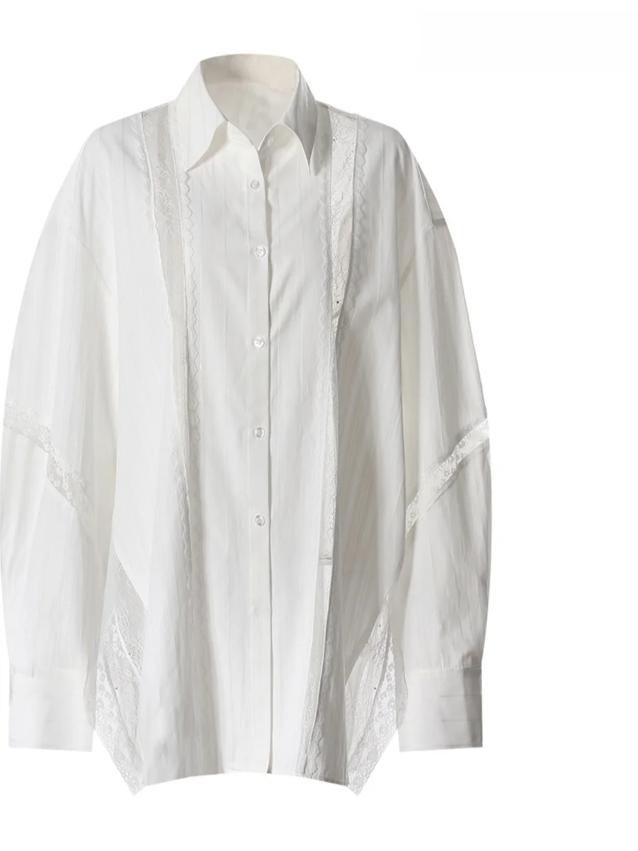 

Loose Oversized Women's irt 2025 New Design Korean BF Silhouette Splicing Lace Hollow out UV Protection Outerwear Top