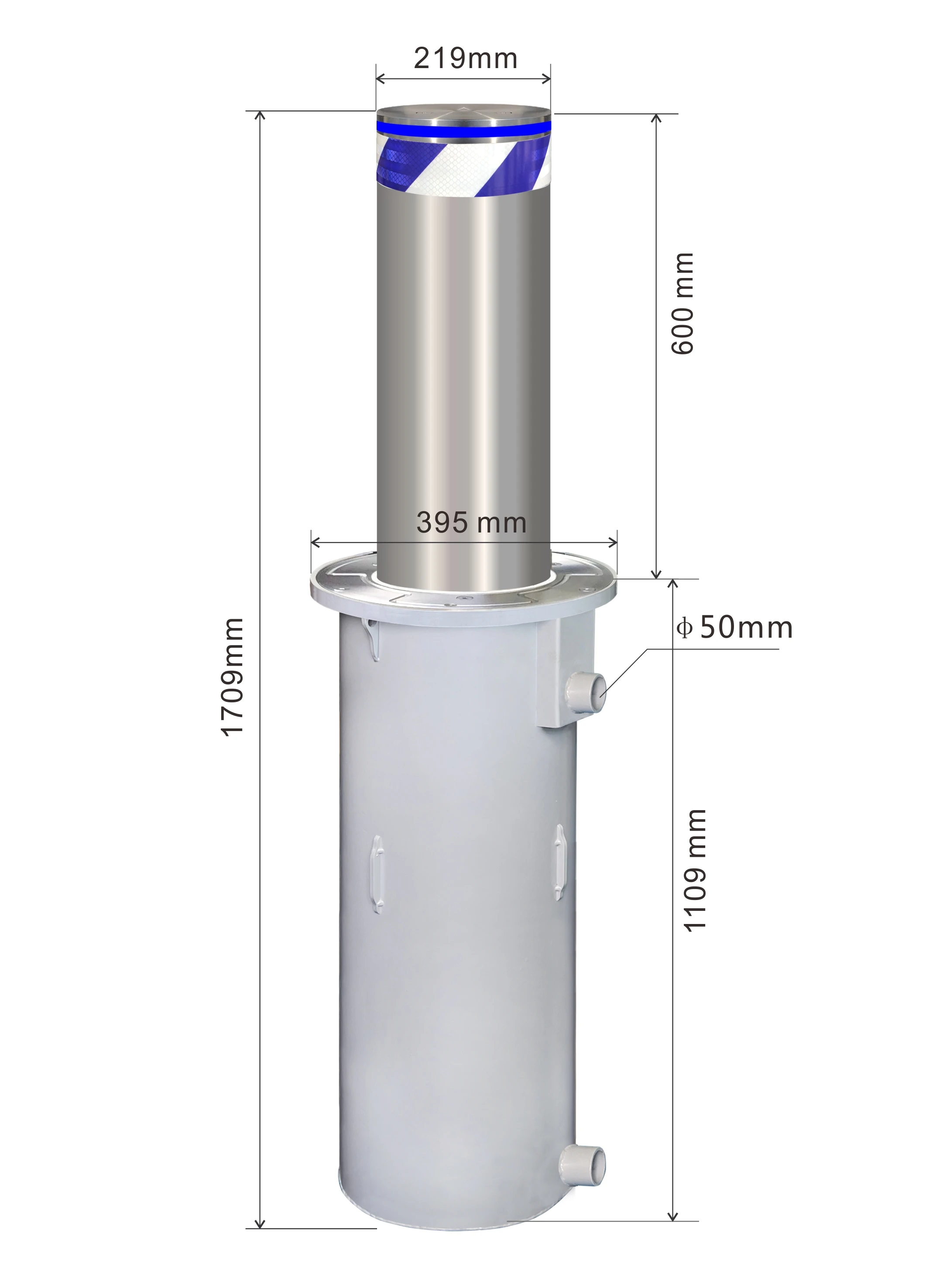 Zento  Automatic Rising Security Bollard, Heavy Duty Cast Iron Construction, 800mm Height with Reflective Strips