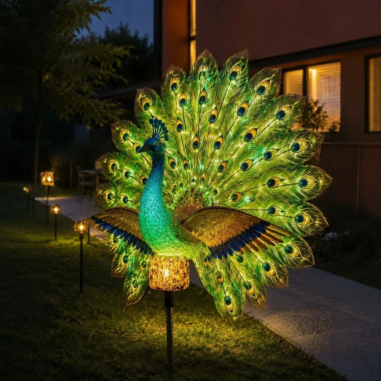 Solar Powered Peacock Garden Stake Light Resin Waterproof Auto on LED Peacock Figurine Lamp for Outdoor Yard Lawn Pathway Decor