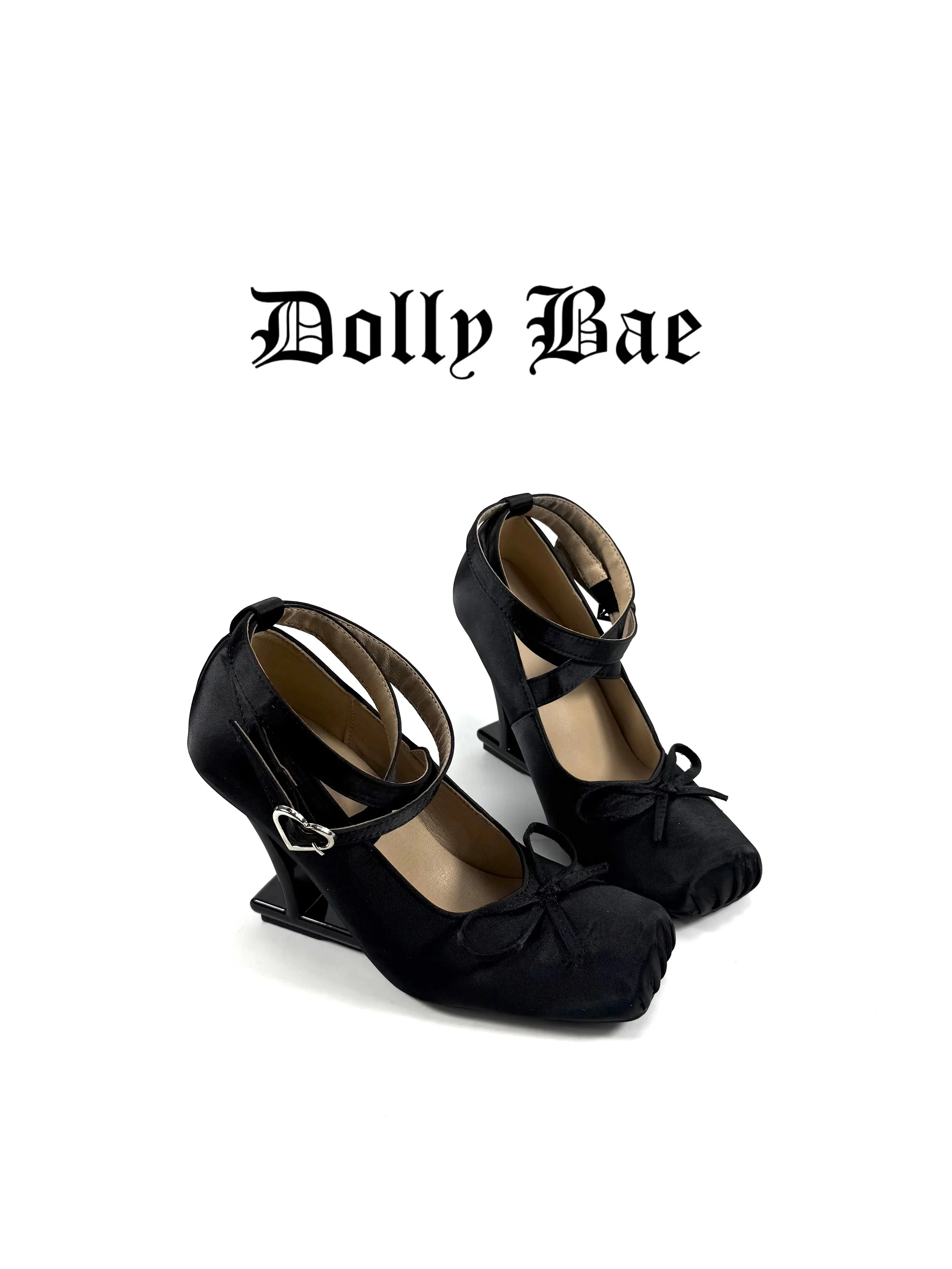 Dollybae Ballet Style Satin Shoes Black 9CM Heel Mary Janes  Knot Strap Gothic Wind Square Head Fashion Single Shoes