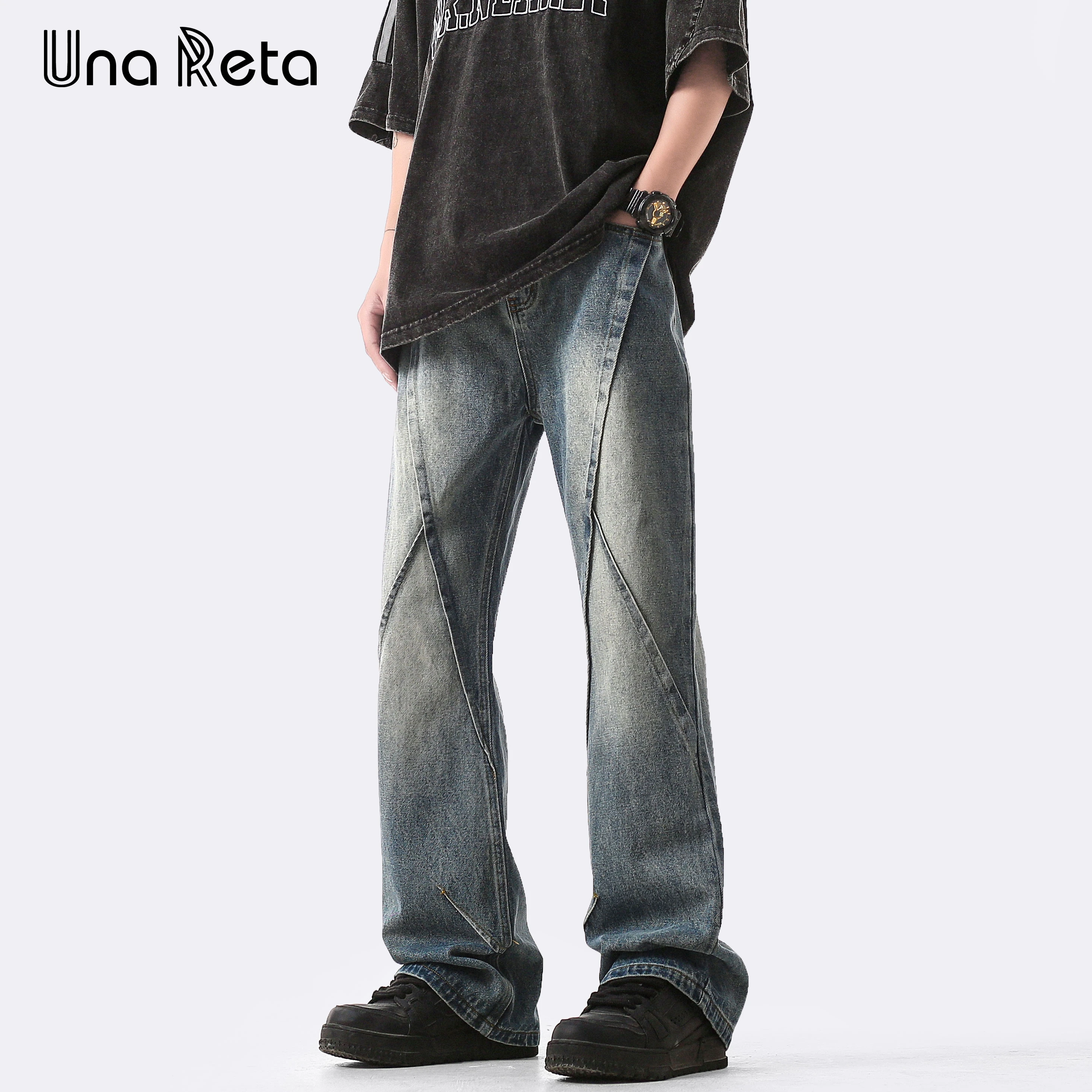 

Una Reta Jeans Pants Man Spring Summer New Hip Hop Splicing Design Vintage Denim Pants Harajuku Trousers For Men