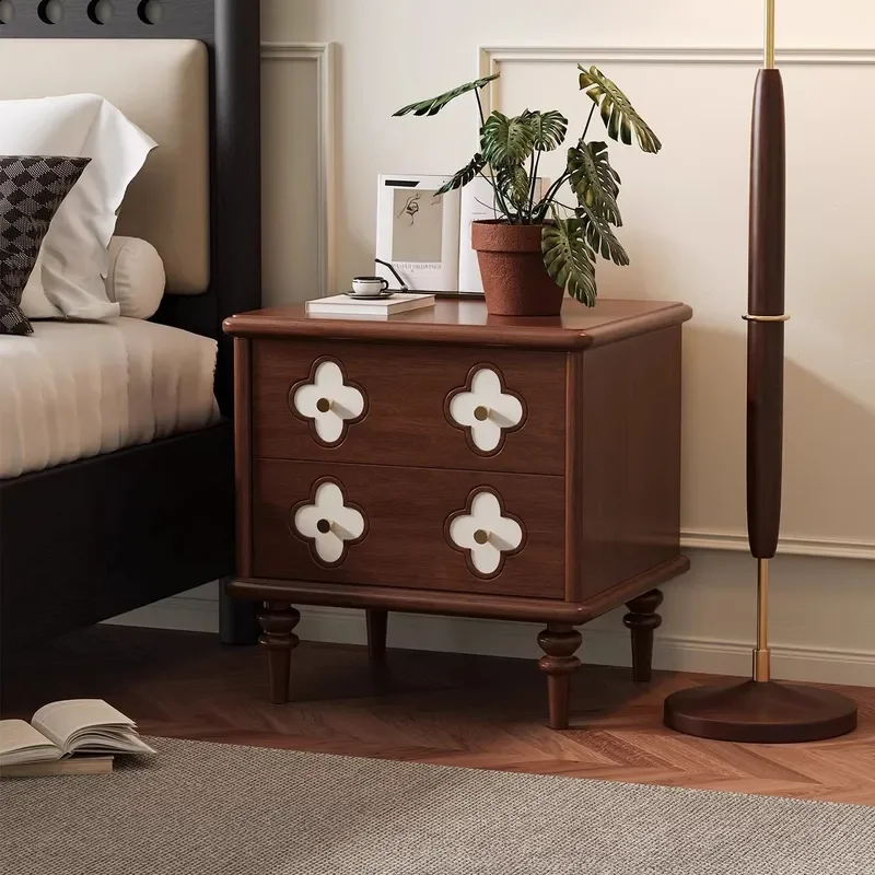 Solid Wood Retro French Light Luxury Bedside Cabinet Four Leaf Clover Design Double Door Storage Locker Antique Style Bedroom