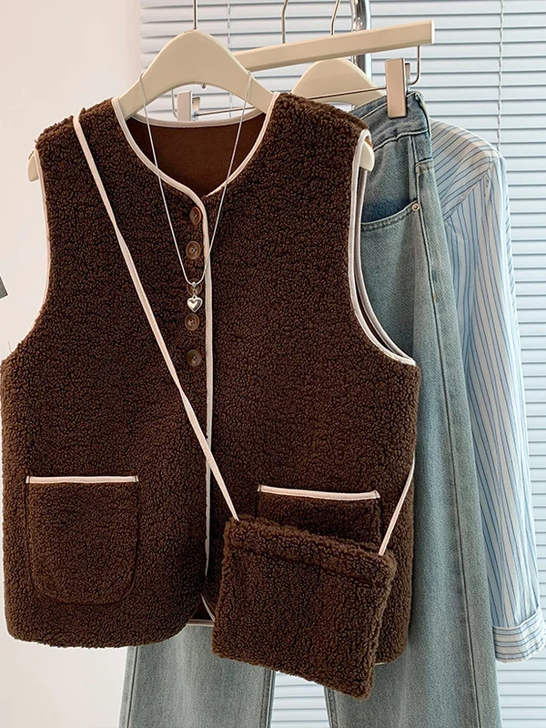 

Retro Lamb Fur Vest Women's Autumn Winter Loose Layered ort Warm Svel oulder Pad Jaet Commute Sle round Ne