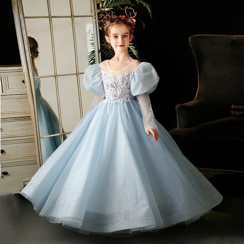 

GUXQD Light Blue Ball Gown Baby Flower Girl Dresses Tulle Appliques Children Wedding Birthday Party Gowns