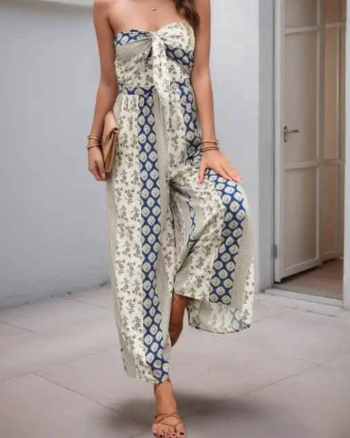 

New 2025 Sleeveless Strapless Geometric Printed Jumpsuit Vacation Style Pants for Women Comfortable Casual Jumpsuit