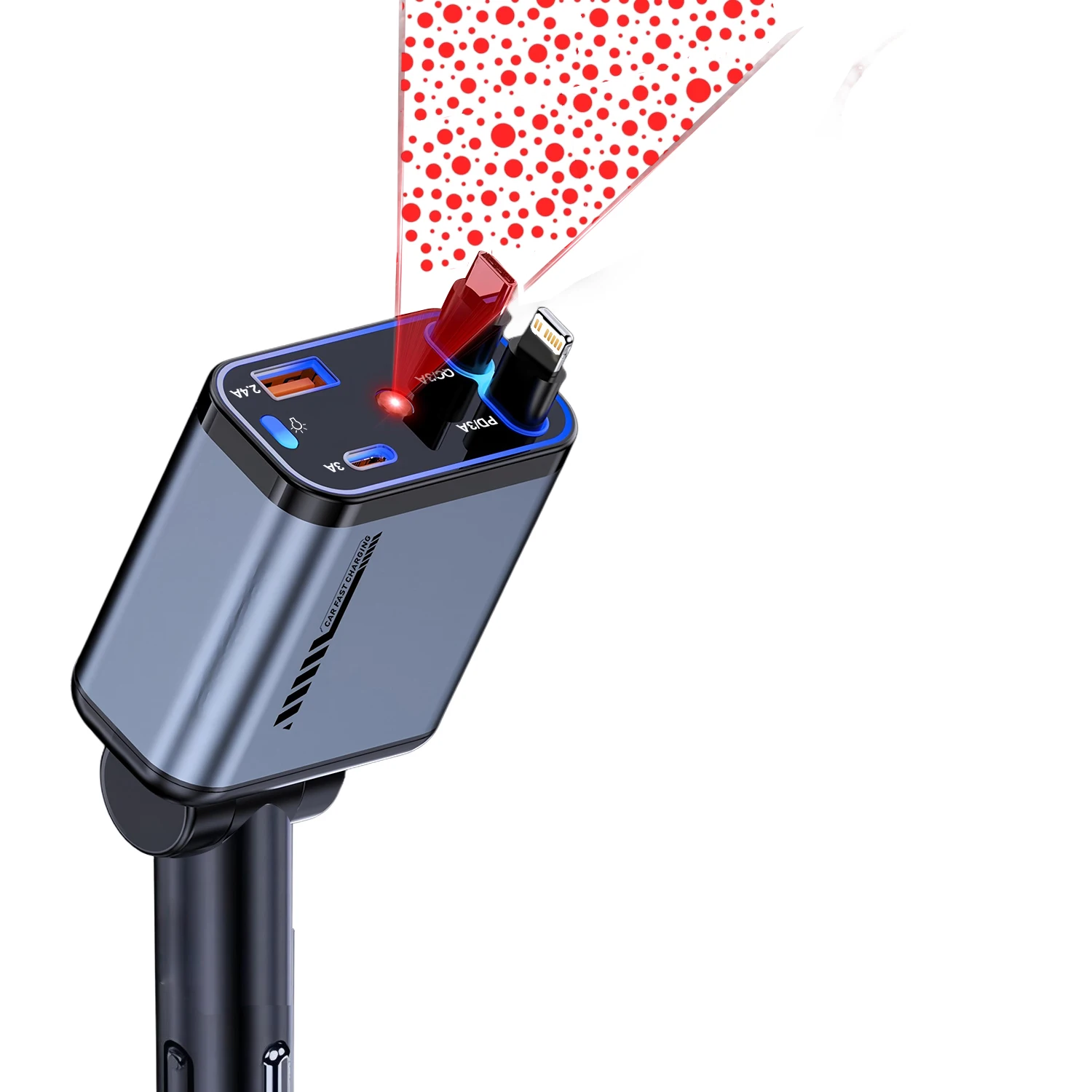 

Автомобильное зарядное устройство для телефона 4 в 1, зарядный кабель типа C с выдвижными шнурами и вольт-дисплеем для IPhone Huawei Samsung