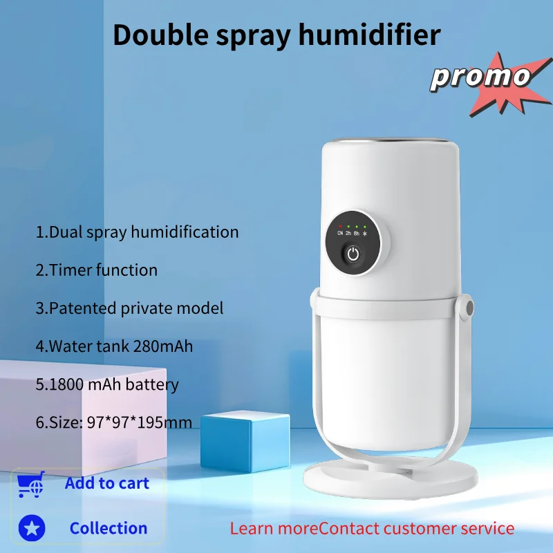 Humidificateur d'air ultrasonique à double jet avec support, diffuseur atomiseur de batterie au lithium USB de 280ml, adapté au bureau et à domicile