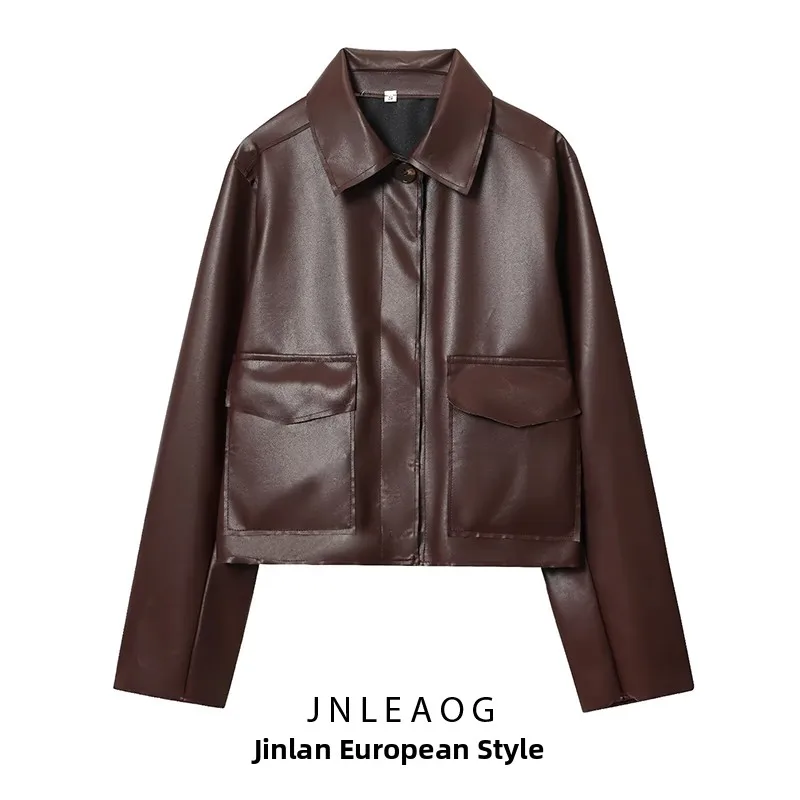 

Faionable ort Leather Jaet Women's Autumn New Sle Versatile Design Sense JNLEAOG Polyester Fiber Long Sve Zipper