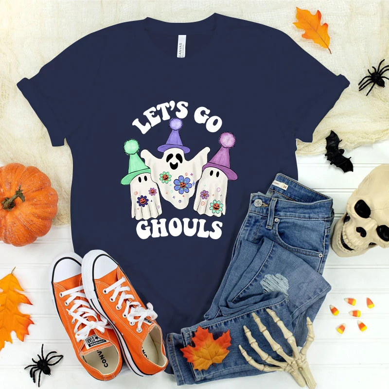 (Premium T-shirt)Halloween Let'S Go Ghouls Print Casual T-Shirt Women T Shirt Summer Casual Short Sleeve Harajuku Tops Tops