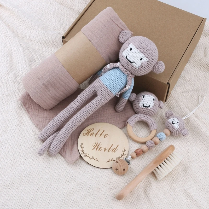 

N80C Baby Shower Gift Box Set Pacifier Clip Crochet Toy Rattle Teether Blanket Bib Hairbrush Set Newborn Teething Gift 7Pcs