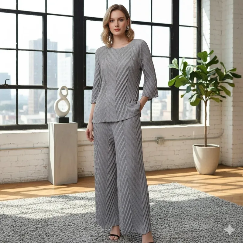 

Комплект плиссированной одежды Miyake: Новинка Весна-Лето 2026, ручная плиссировка, повседневный комплект с рукавом 7/8 и свободными брюками с широкими штанинами